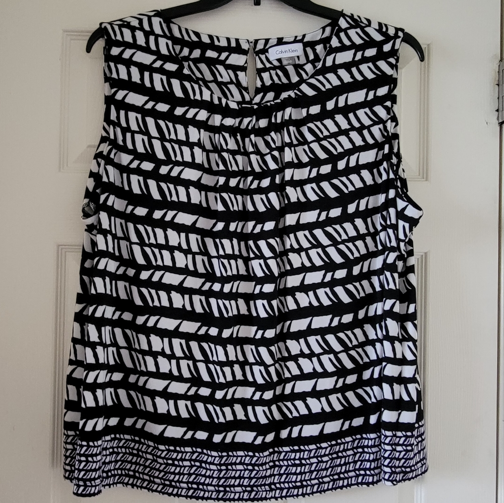 Calvin Klein 3X Black & White Blouse w/Purple Along Bottom Border